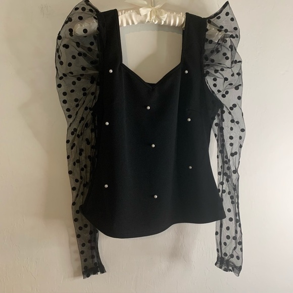 Shein Black Top Embellished Sweater Sheer Polka Dot Puff Long Sleeve Womens Sz L - Picture 5 of 16